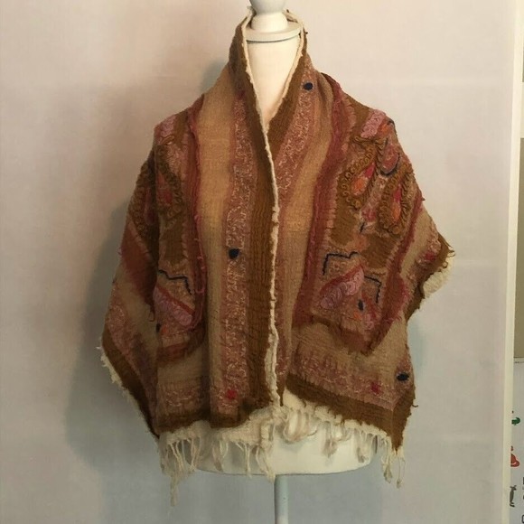 Boho Woven and Embroidered Brown and Pink Scarf Wrap with Fringe - Picture 2 of 3